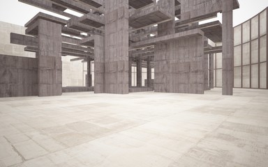 Abstract white and brown concrete interior multilevel public space with window. 3D illustration and rendering.