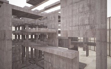 Abstract white and brown concrete interior multilevel public space with window. 3D illustration and rendering.