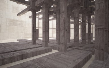 Abstract white and brown concrete interior multilevel public space with window. 3D illustration and rendering.