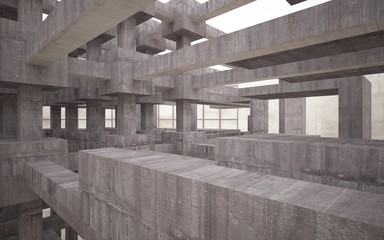 Abstract white and brown concrete interior multilevel public space with window. 3D illustration and rendering.
