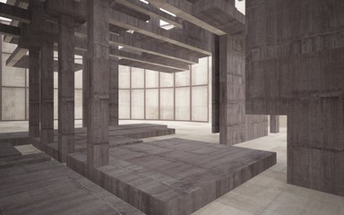 Abstract white and brown concrete interior multilevel public space with window. 3D illustration and rendering.