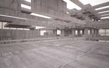 Abstract white and brown concrete interior multilevel public space with window. 3D illustration and rendering.