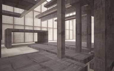 Abstract white and brown concrete interior multilevel public space with window. 3D illustration and rendering.