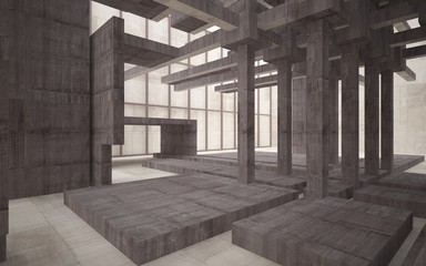 Abstract white and brown concrete interior multilevel public space with window. 3D illustration and rendering.