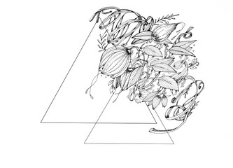 monochrome black ink illustration of dream fantasy flowers and plants with two graphic geometry triangle elements