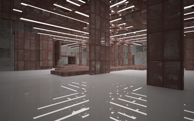 Empty abstract room interior of sheets rusted metal, brown concrete and white glossy floor. Architectural background. 3D illustration and rendering