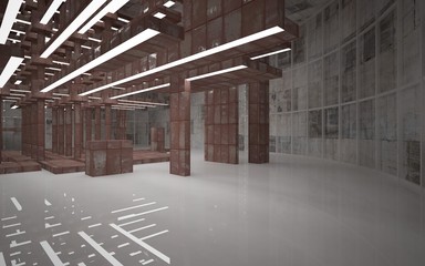 Empty abstract room interior of sheets rusted metal, brown concrete and white glossy floor. Architectural background. 3D illustration and rendering