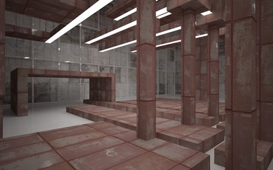 Empty abstract room interior of sheets rusted metal, brown concrete and white glossy floor. Architectural background. 3D illustration and rendering