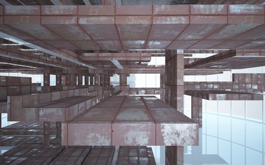 Empty abstract room interior of sheets rusted metal and beige concrete. Architectural background. 3D illustration and rendering