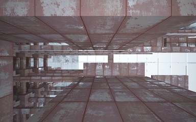 Empty abstract room interior of sheets rusted metal and beige concrete. Architectural background. 3D illustration and rendering