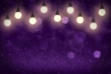 Obraz premium purple pretty shiny glitter lights defocused bokeh abstract background with light bulbs and falling snow flakes fly, celebratory mockup texture with blank space for your content