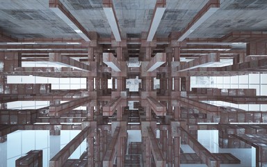 Empty abstract room interior of sheets rusted metal and beige concrete. Architectural background. 3D illustration and rendering