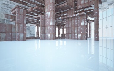 Empty abstract room interior of sheets rusted metal and beige concrete. Architectural background. 3D illustration and rendering