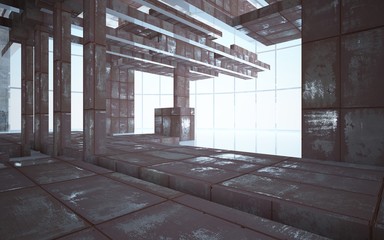 Empty abstract room interior of sheets rusted metal and beige concrete. Architectural background. 3D illustration and rendering