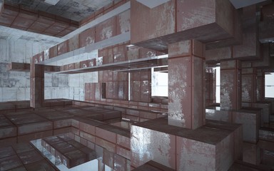Empty abstract room interior of sheets rusted metal and beige concrete. Architectural background. 3D illustration and rendering