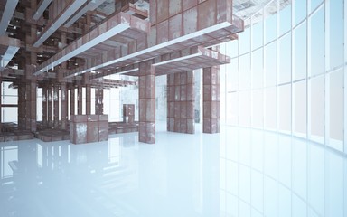 Empty abstract room interior of sheets rusted metal and beige concrete. Architectural background. 3D illustration and rendering