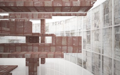 Empty abstract room interior of sheets rusted metal and beige concrete. Architectural background. 3D illustration and rendering