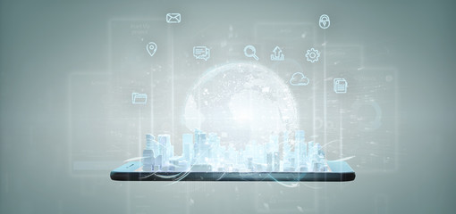 Smart city user interface with icon, stats and data 3d rendering