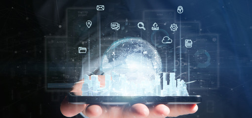 Businessman holding Smart city user interface with icon, stats and data 3d rendering