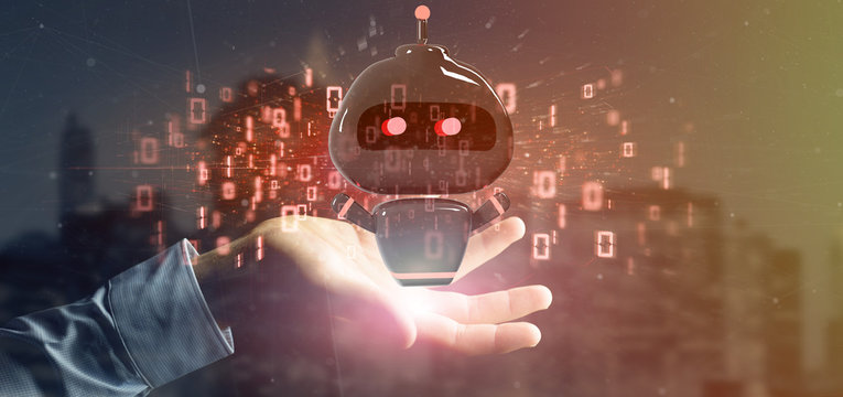Businessman holding Virus chatbot with binary code 3d rendering