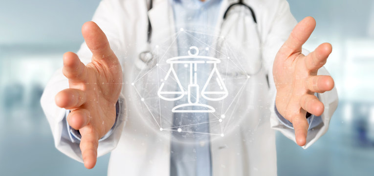 Doctor holding Cloud of justice and law icon bubble with data 3d rendering