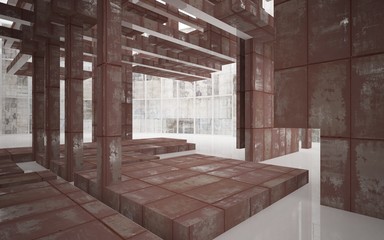 Empty abstract room interior of sheets rusted metal and beige concrete. Architectural background. 3D illustration and rendering