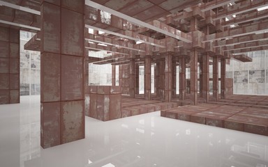 Empty abstract room interior of sheets rusted metal and beige concrete. Architectural background. 3D illustration and rendering