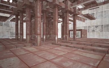 Empty abstract room interior of sheets rusted metal and beige concrete. Architectural background. 3D illustration and rendering