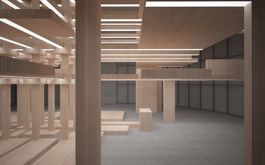 Abstract  concrete and wood interior multilevel public space with neon lighting. 3D illustration and rendering.
