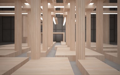 Abstract  concrete and wood interior multilevel public space with neon lighting. 3D illustration and rendering.