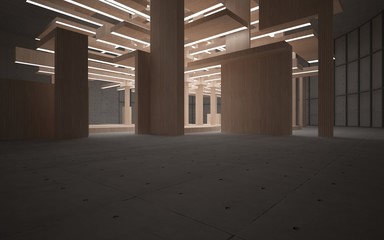 Abstract  concrete and wood interior multilevel public space with neon lighting. 3D illustration and rendering.