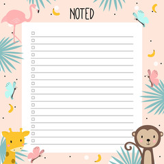 Hand drawing vector weekly planner with African animals, tropical plants. Plans for the day, week, setting goals.