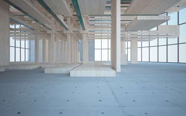 Abstract interior of wood, glass and concrete. 3D illustration. rendering 