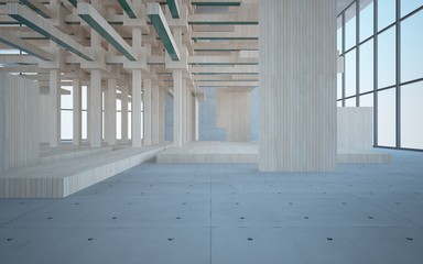 Abstract interior of wood, glass and concrete. 3D illustration. rendering 