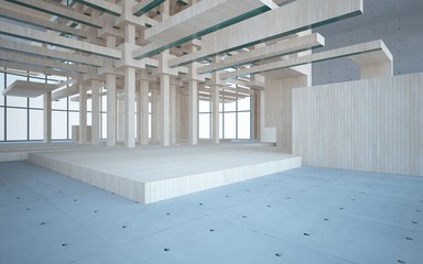 Abstract interior of wood, glass and concrete. 3D illustration. rendering 