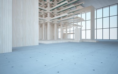 Abstract interior of wood, glass and concrete. 3D illustration. rendering 
