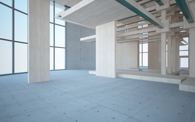 Abstract interior of wood, glass and concrete. 3D illustration. rendering 
