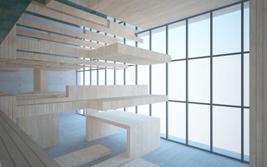 Abstract interior of wood, glass and concrete. 3D illustration. rendering 