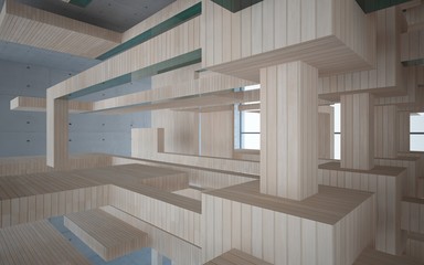 Abstract interior of wood, glass and concrete. 3D illustration. rendering 