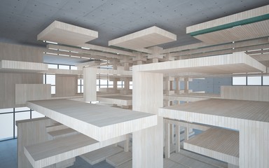 Abstract interior of wood, glass and concrete. 3D illustration. rendering 