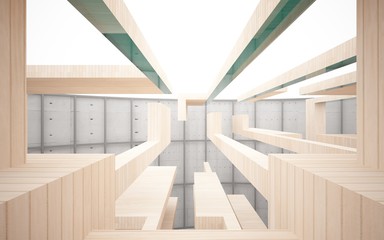 Abstract interior of wood, glass and concrete. 3D illustration. rendering 