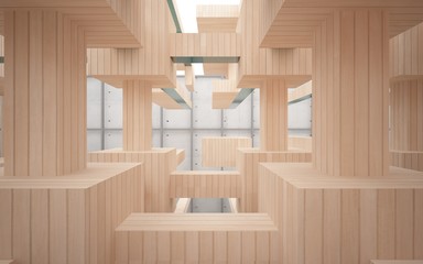 Abstract interior of wood, glass and concrete. 3D illustration. rendering 