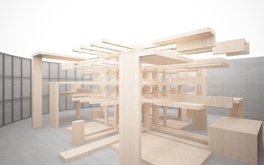Abstract interior of wood, glass and concrete. 3D illustration. rendering 