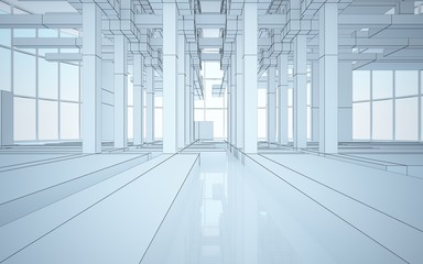 Abstract white interior highlights future. Polygon drawing. Architectural background. 3D illustration and rendering
