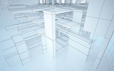 Abstract white interior highlights future. Polygon drawing. Architectural background. 3D illustration and rendering