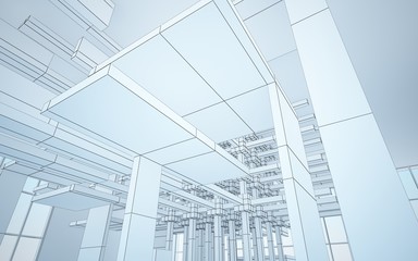 Abstract white interior highlights future. Polygon drawing. Architectural background. 3D illustration and rendering