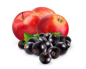 apples and a bunch of black currants isolated on a white background
