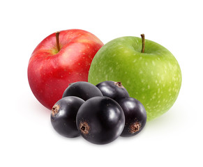 apples and a bunch of black currants isolated on a white background.