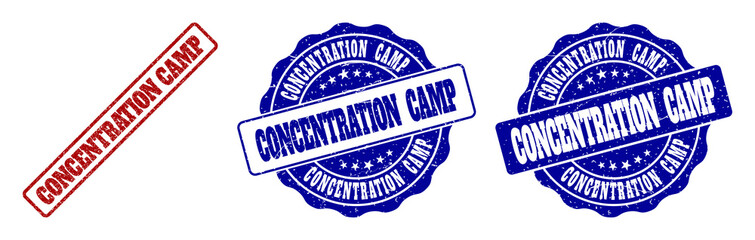 Fototapeta premium CONCENTRATION CAMP grunge stamp seals in red and blue colors. Vector CONCENTRATION CAMP imprints with grunge surface. Graphic elements are rounded rectangles, rosettes, circles and text captions.