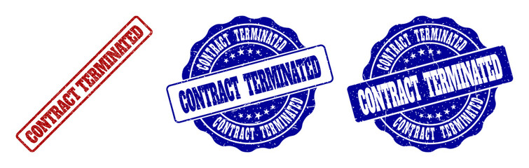 CONTRACT TERMINATED scratched stamp seals in red and blue colors. Vector CONTRACT TERMINATED labels with grunge effect. Graphic elements are rounded rectangles, rosettes, circles and text labels.